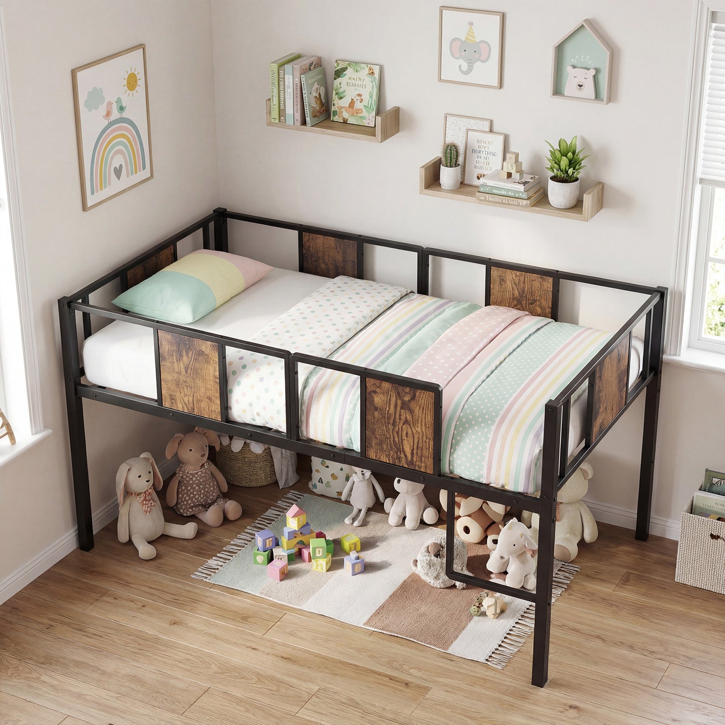 Low Loft Bed Single Size with Heavy-Duty Metal Frame-RusticBrown