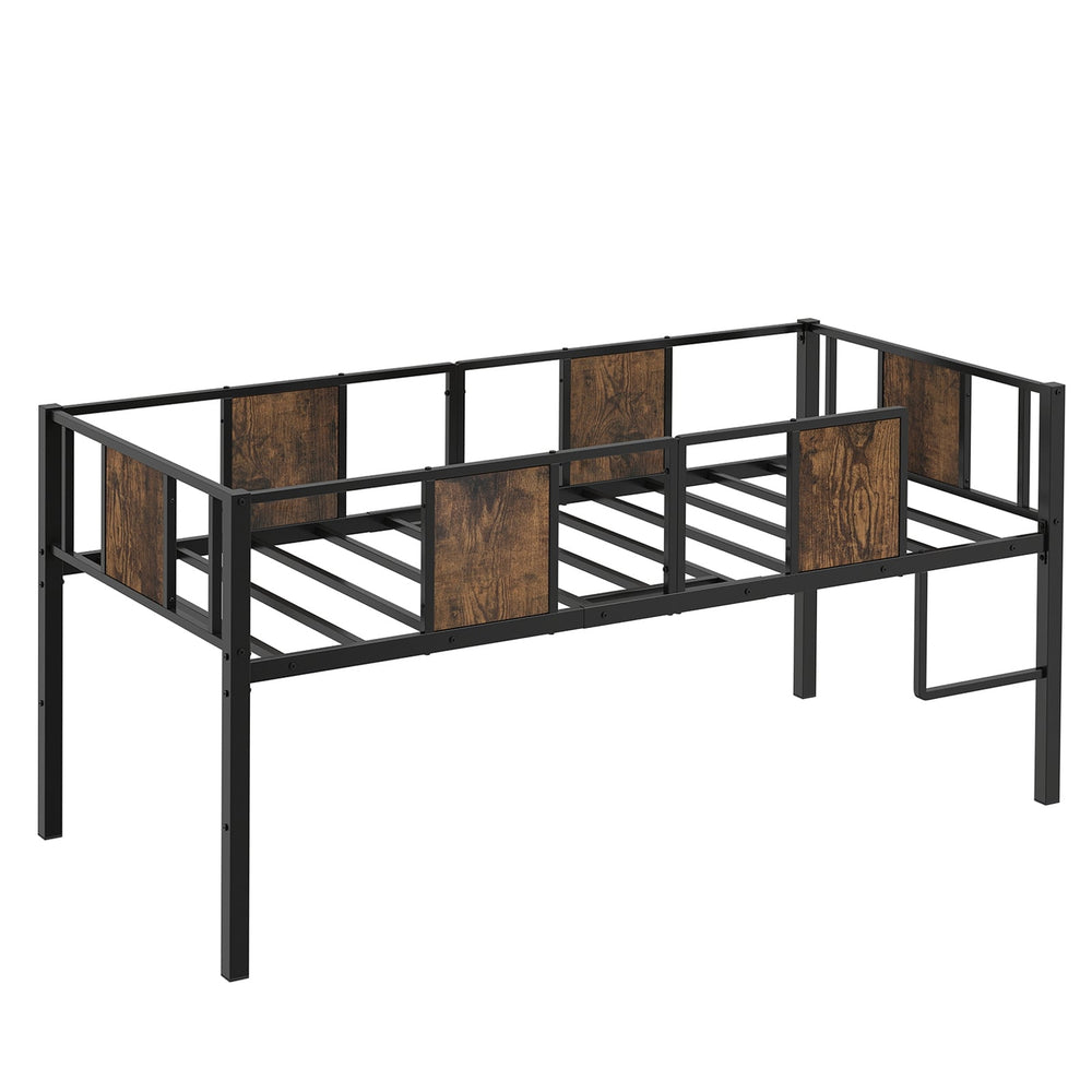 Low Loft Bed Single Size with Heavy-Duty Metal Frame-RusticBrown