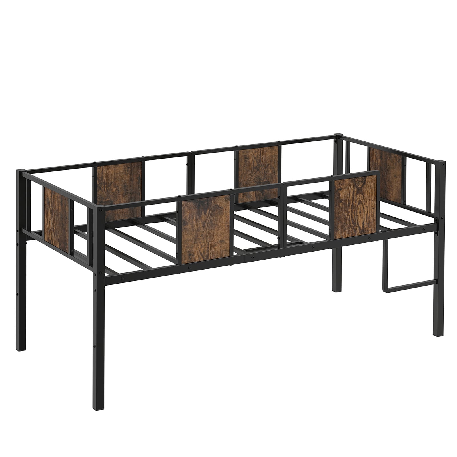 Low Loft Bed Single Size with Heavy-Duty Metal Frame-RusticBrown
