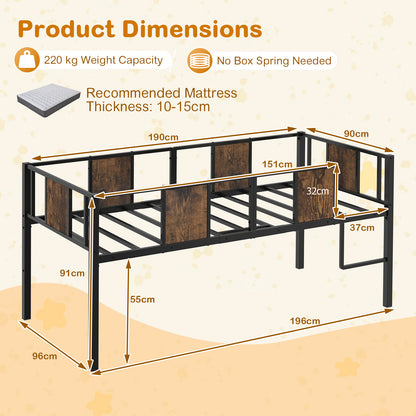 Low Loft Bed Single Size with Heavy-Duty Metal Frame-RusticBrown