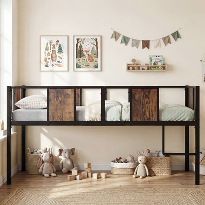 Low Loft Bed Single Size with Heavy-Duty Metal Frame-RusticBrown