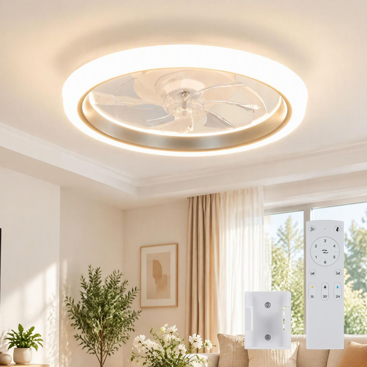Low Profile Ceiling Light Fan with Reversible Airflow and Dimmable LED for Dining Room-White