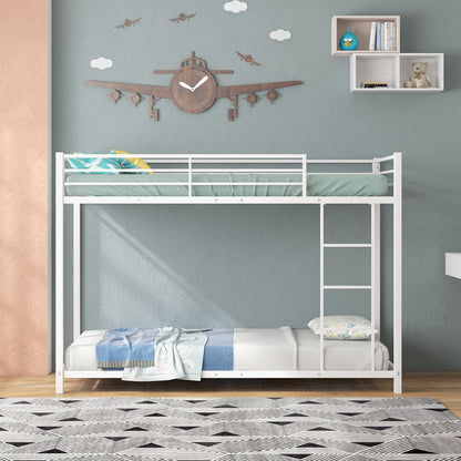 Low Profile Single Over Single Bunk Beds with Ladder and Full-length Guardrails-White