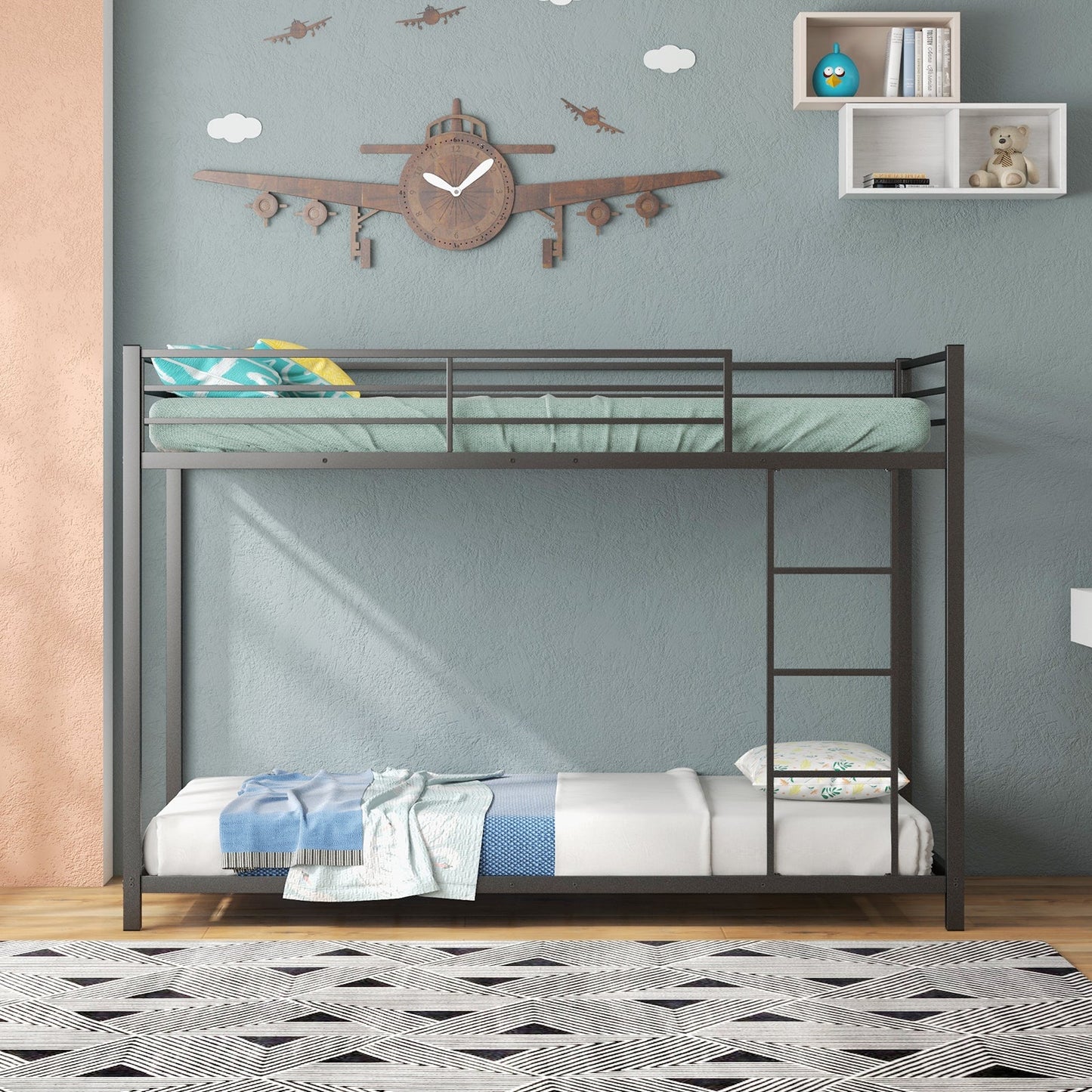 Low Profile Single Over Single Bunk Beds with Ladder and Full-length Guardrails-Black