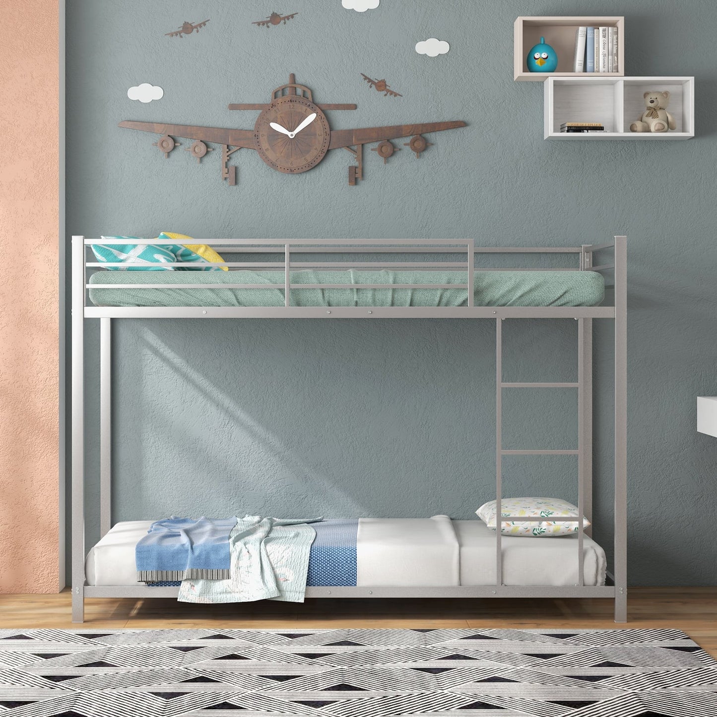 Low Profile Single Over Single Bunk Beds with Ladder and Full-length Guardrails-Silver