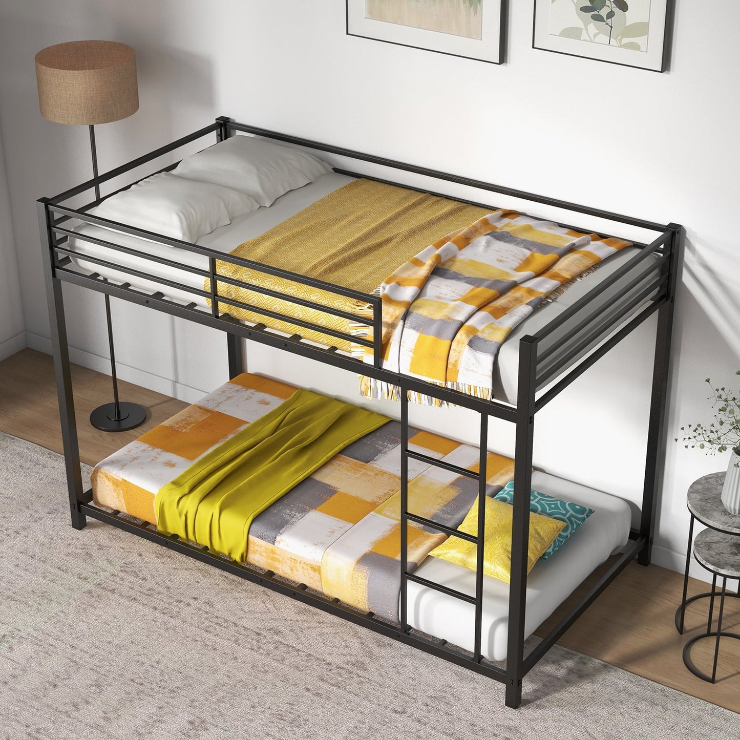 Low Profile Single Over Single Bunk Beds with Ladder and Full-length Guardrails-Black