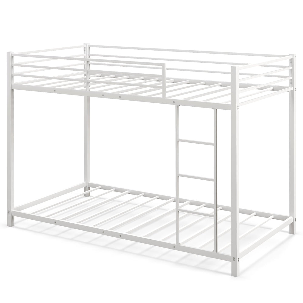 Low Profile Single Over Single Bunk Beds with Ladder and Full-length Guardrails-White