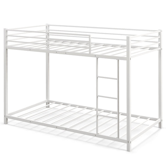 Low Profile Single Over Single Bunk Beds with Ladder and Full-length Guardrails-White