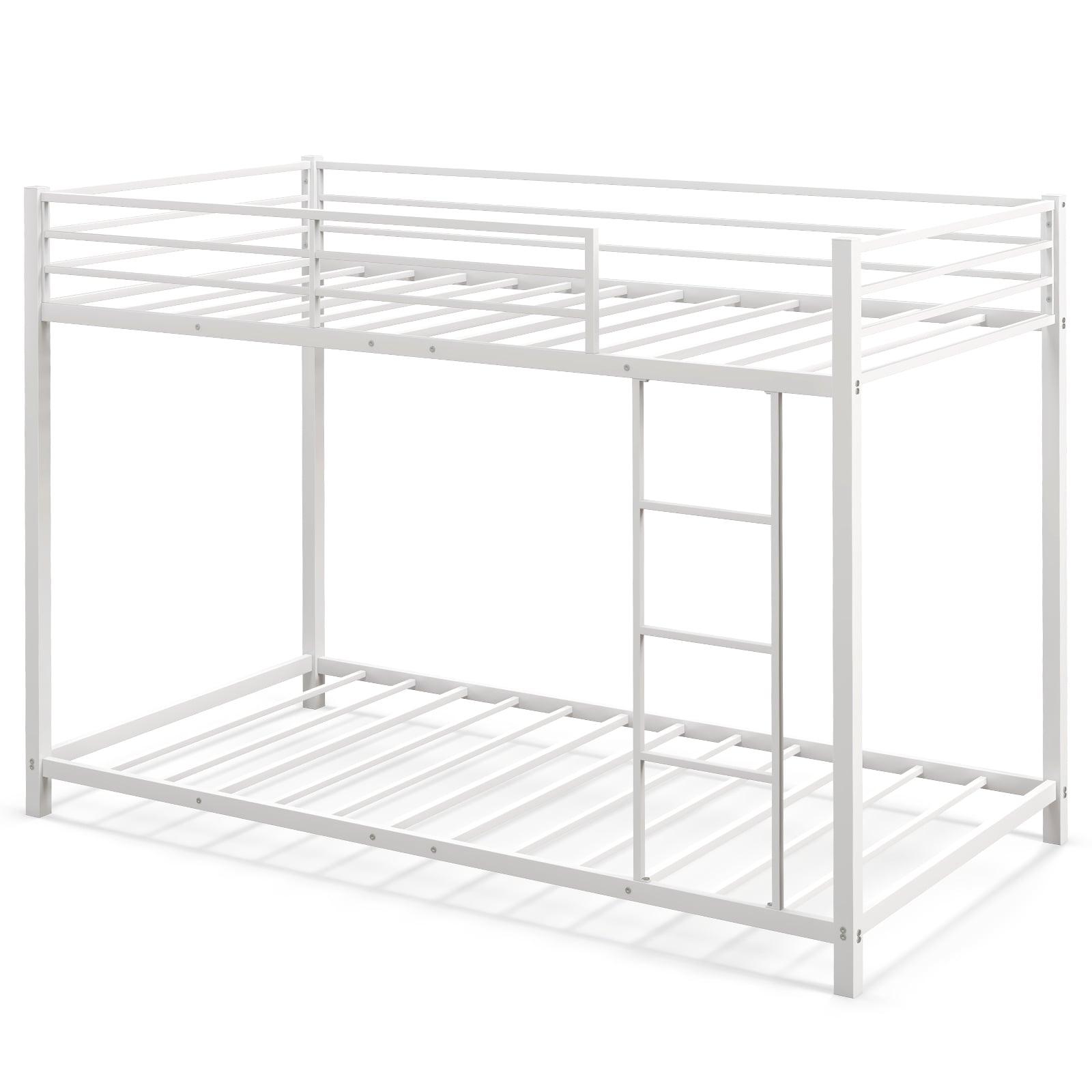 Low Profile Single Over Single Bunk Beds with Ladder and Full-length Guardrails-White