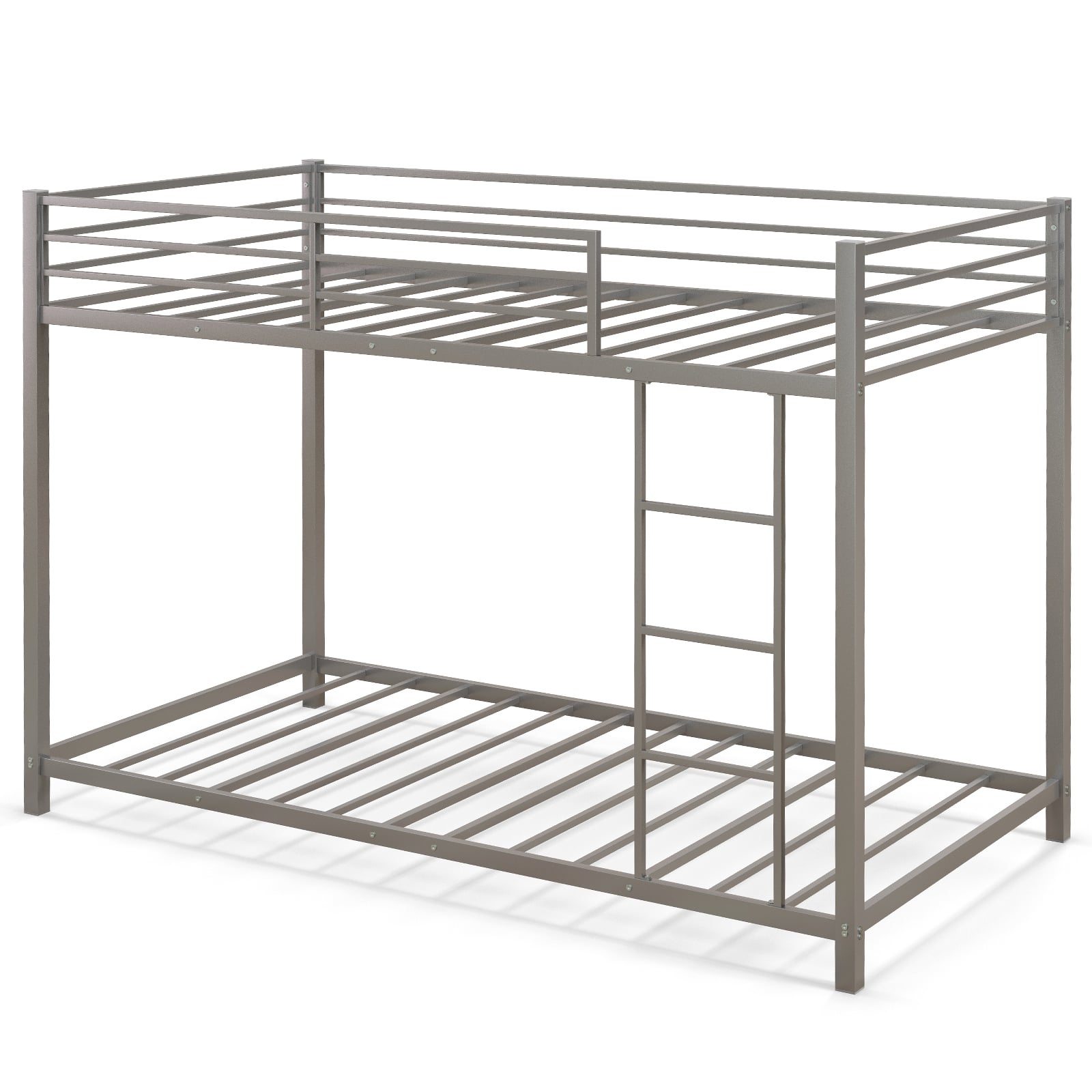 Low Profile Single Over Single Bunk Beds with Ladder and Full-length Guardrails-Silver