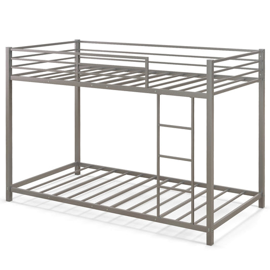 Low Profile Single Over Single Bunk Beds with Ladder and Full-length Guardrails-Silver