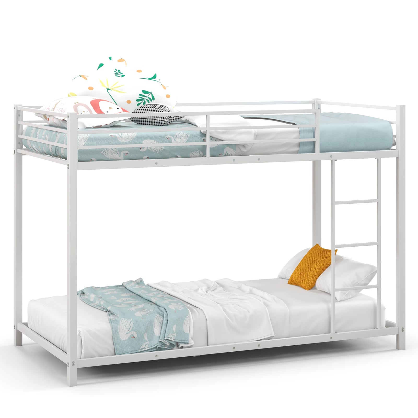 Low Profile Single Over Single Bunk Beds with Ladder and Full-length Guardrails-White