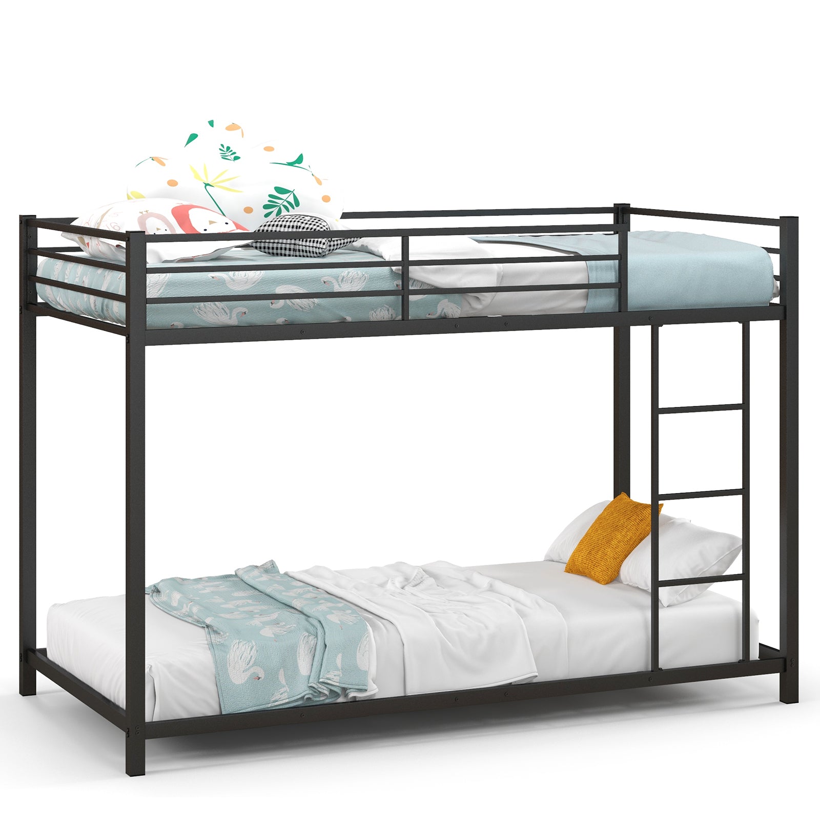 Low Profile Single Over Single Bunk Beds with Ladder and Full-length Guardrails-Black