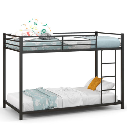 Low Profile Single Over Single Bunk Beds with Ladder and Full-length Guardrails-Black