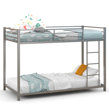 Low Profile Single Over Single Bunk Beds with Ladder and Full-length Guardrails-Silver