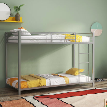 Low Profile Single Over Single Bunk Beds with Ladder and Full-length Guardrails-Silver