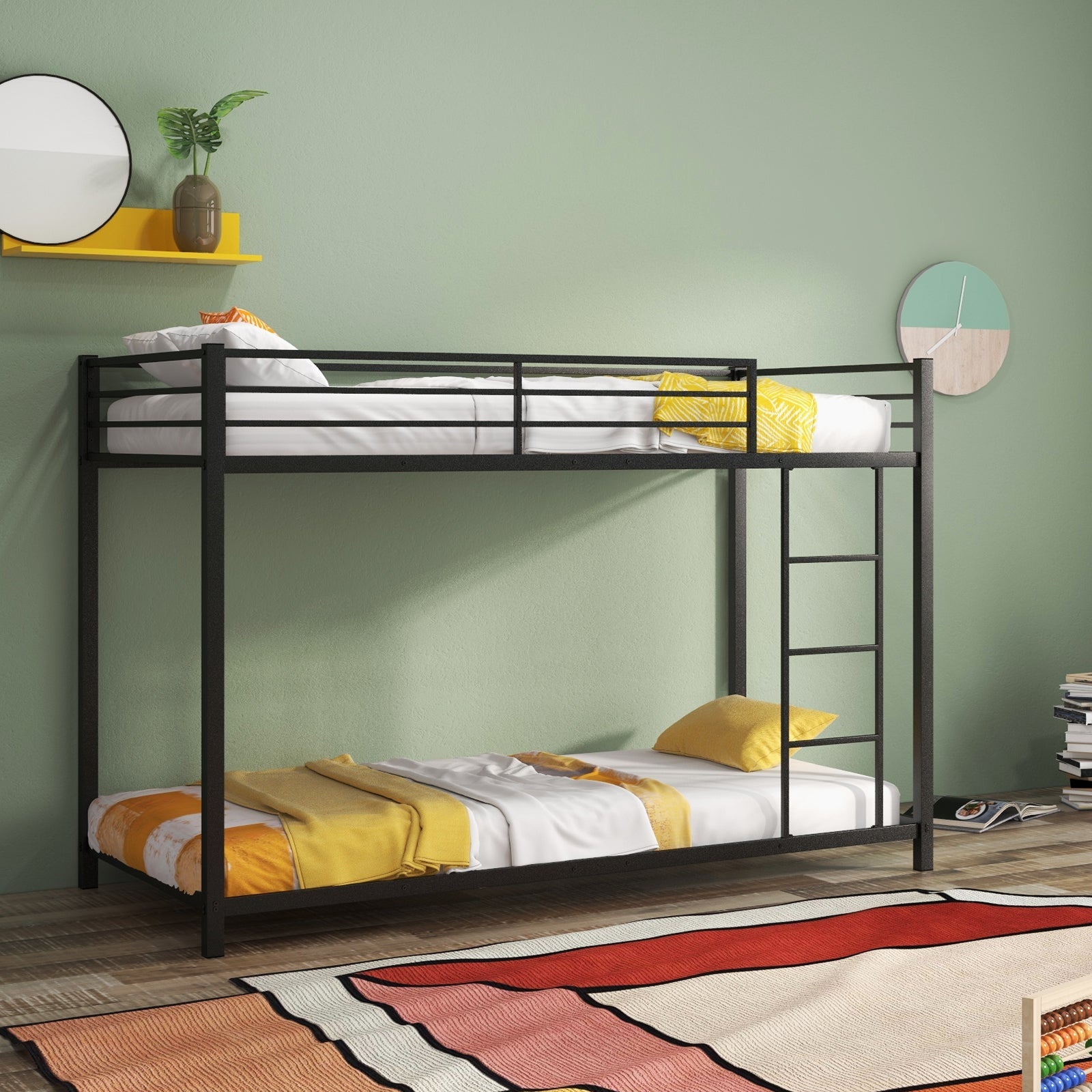 Low Profile Single Over Single Bunk Beds with Ladder and Full-length Guardrails-Black