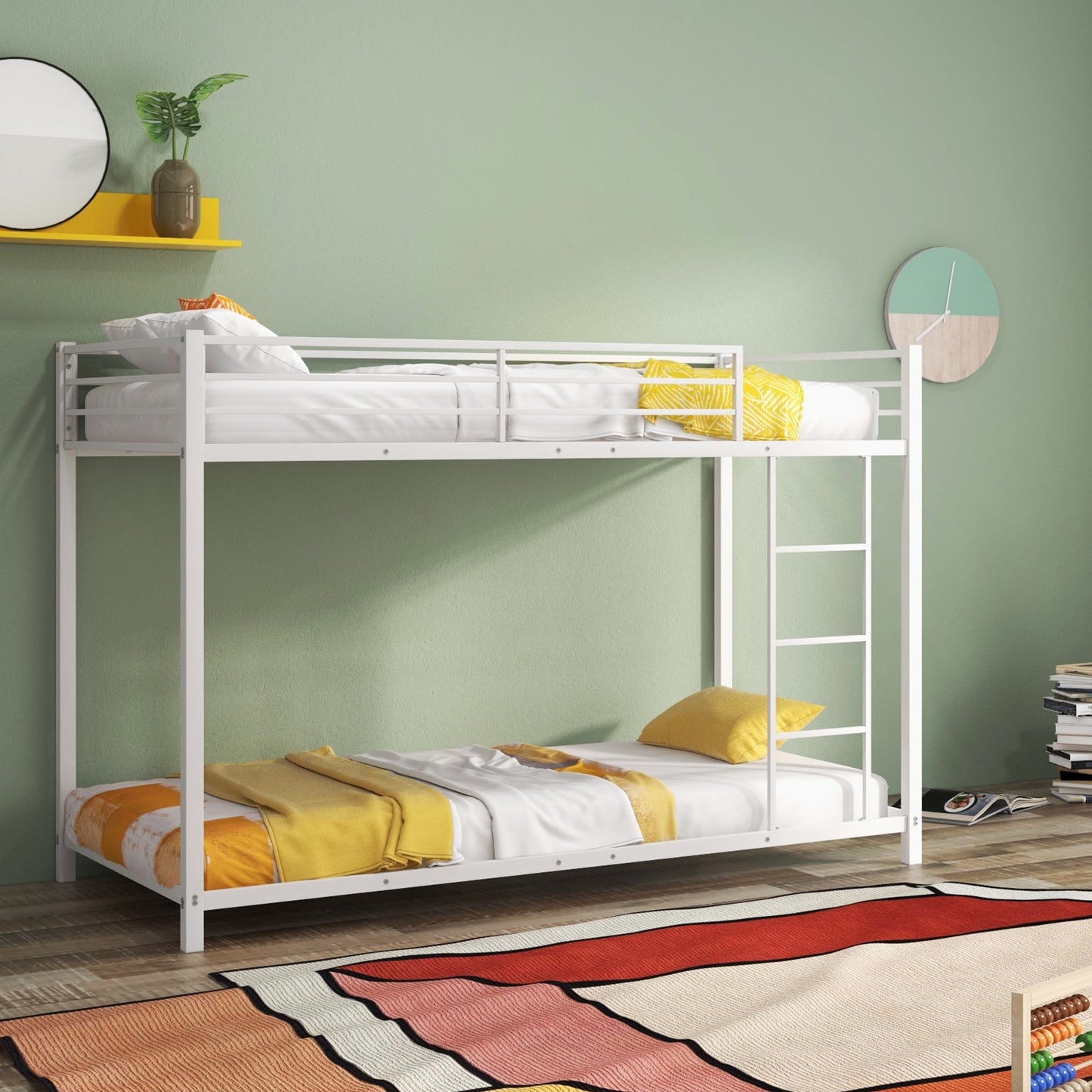 Low Profile Single Over Single Bunk Beds with Ladder and Full-length Guardrails-White
