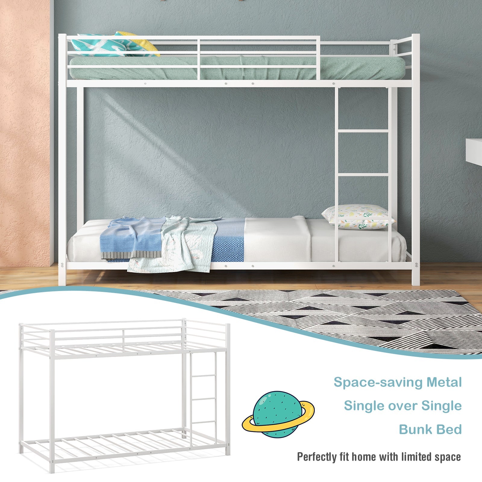 Low Profile Single Over Single Bunk Beds with Ladder and Full-length Guardrails-White