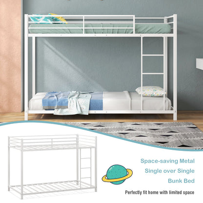 Low Profile Single Over Single Bunk Beds with Ladder and Full-length Guardrails-White