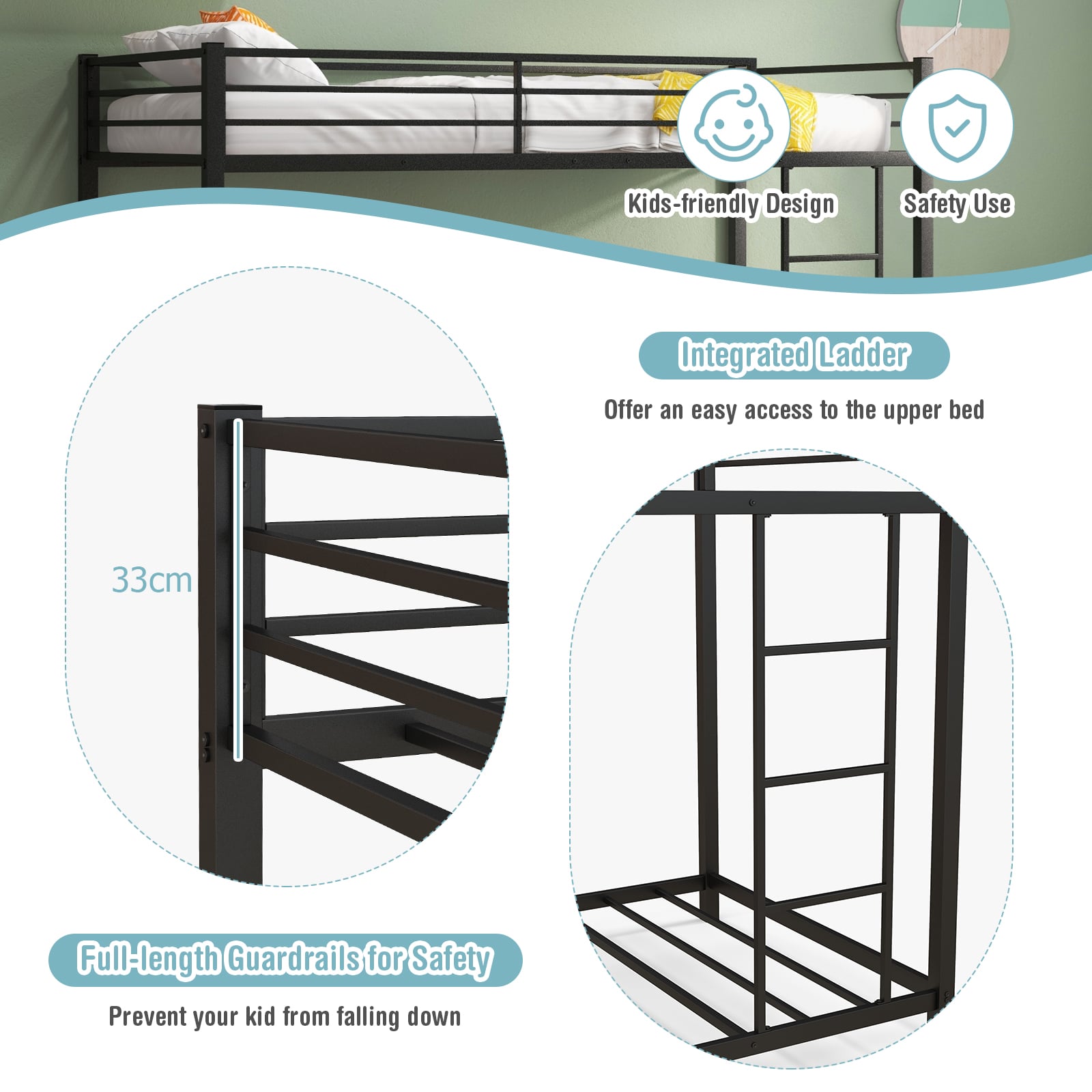 Low Profile Single Over Single Bunk Beds with Ladder and Full-length Guardrails-Black
