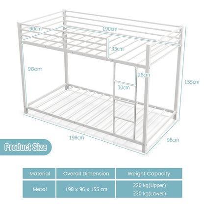 Low Profile Single Over Single Bunk Beds with Ladder and Full-length Guardrails-White