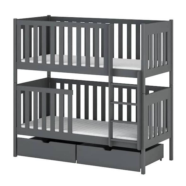Gray wooden bunk bed with white mattress on a white background