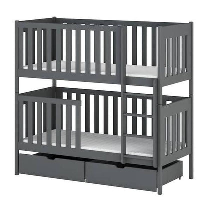 Gray wooden bunk bed with white mattress on a white background