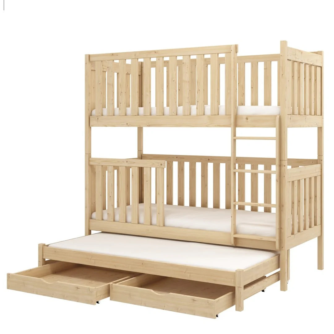 Wooden bunk bed with pull-out trundle on a white background