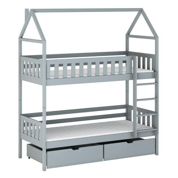 Gray children's house-shaped bunk bed with drawers on a white background