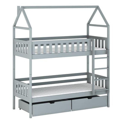 Gray children's house-shaped bunk bed with drawers on a white background