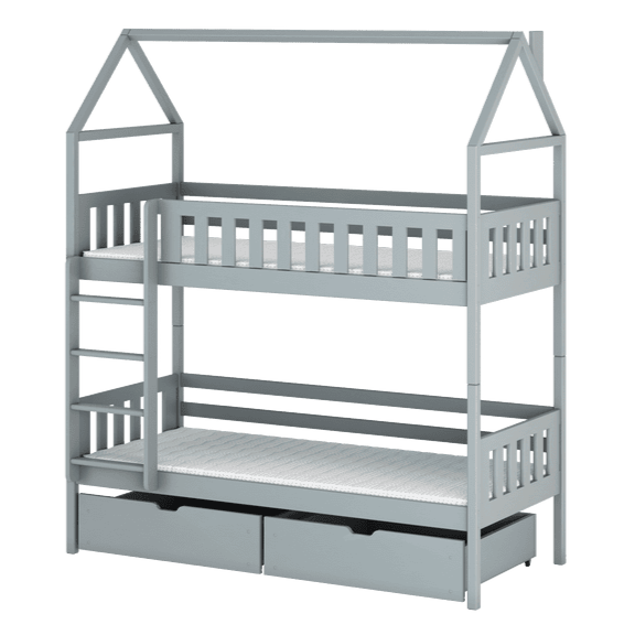 Gray children's bunk bed with a house-shaped top bed on a white background