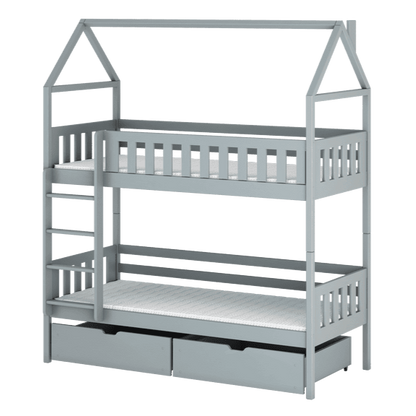 Gray children's bunk bed with a house-shaped top bed on a white background