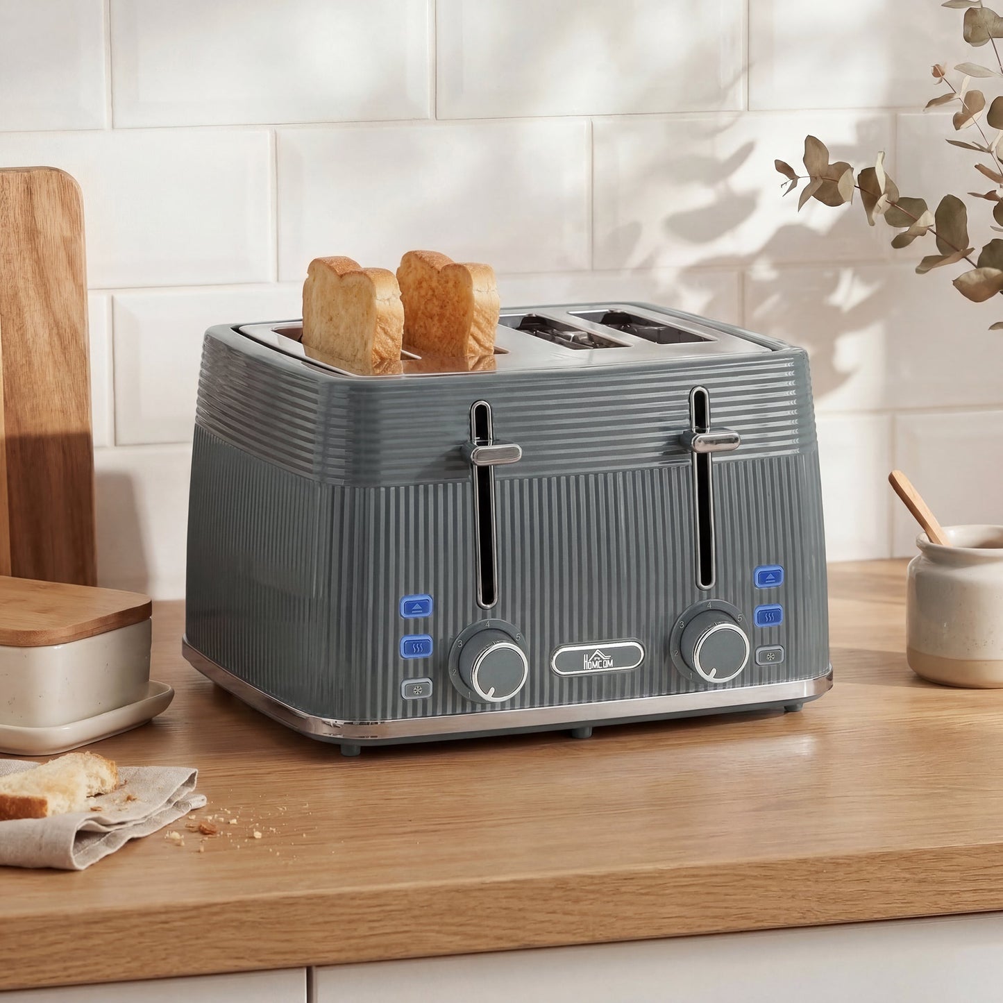 HOMCOM 4 Slice Toaster with 7 Browning Levels, Bread Toaster with Removable Crumb Tray, Grey