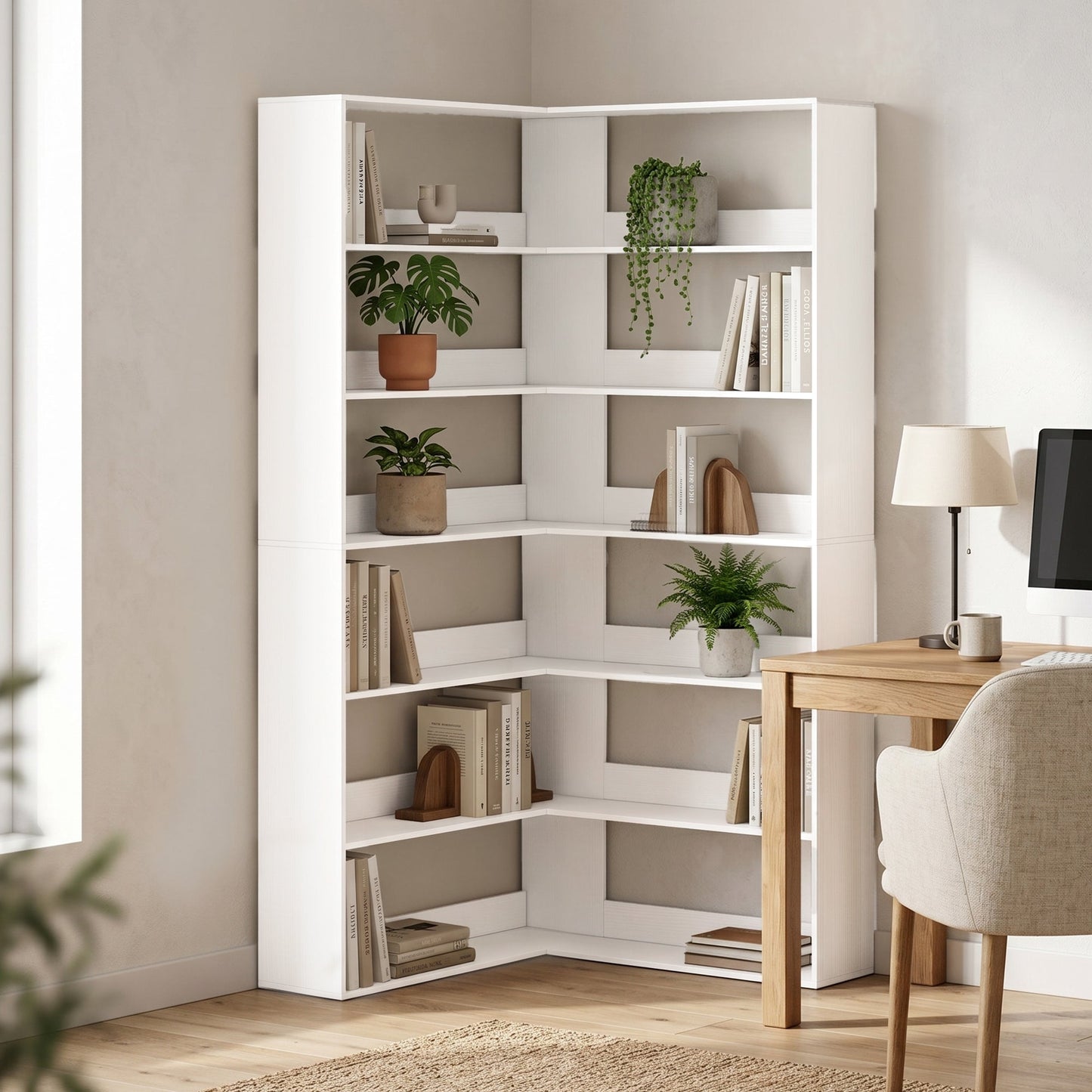 HOMCOM 7 Tiers Bookshelf, L-Shaped Corner Bookcase with Anti-Slip Rear Guard, White Wood Effect