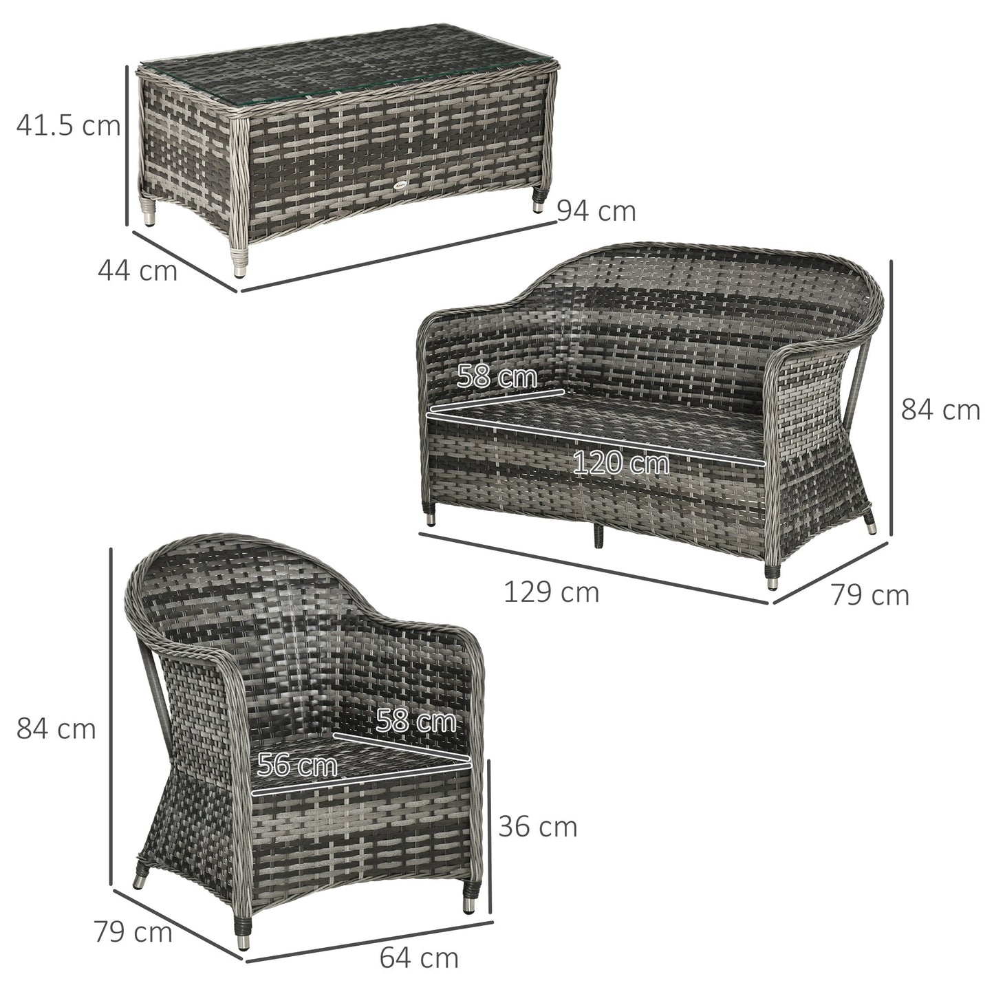 Outsunny 4 Pieces Outdoor PE Rattan Garden Furniture with Cushions, Aluminium Patio Wicker Conservatory Sofa Set with Glass Top Coffee Table, Mixed Grey