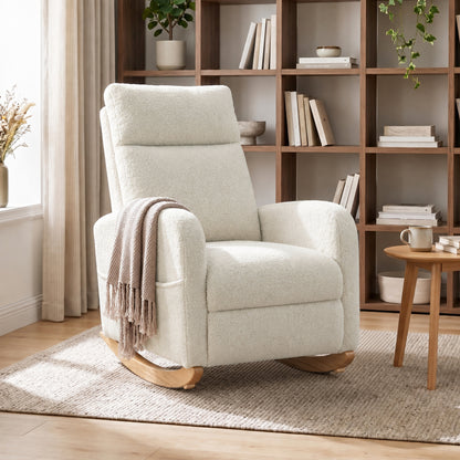 HOMCOM Sherpa Fleece Upholstered Armchair with Side Pockets & Solid Wood Legs, High Back Lounge Chair for Bedroom, Cream White