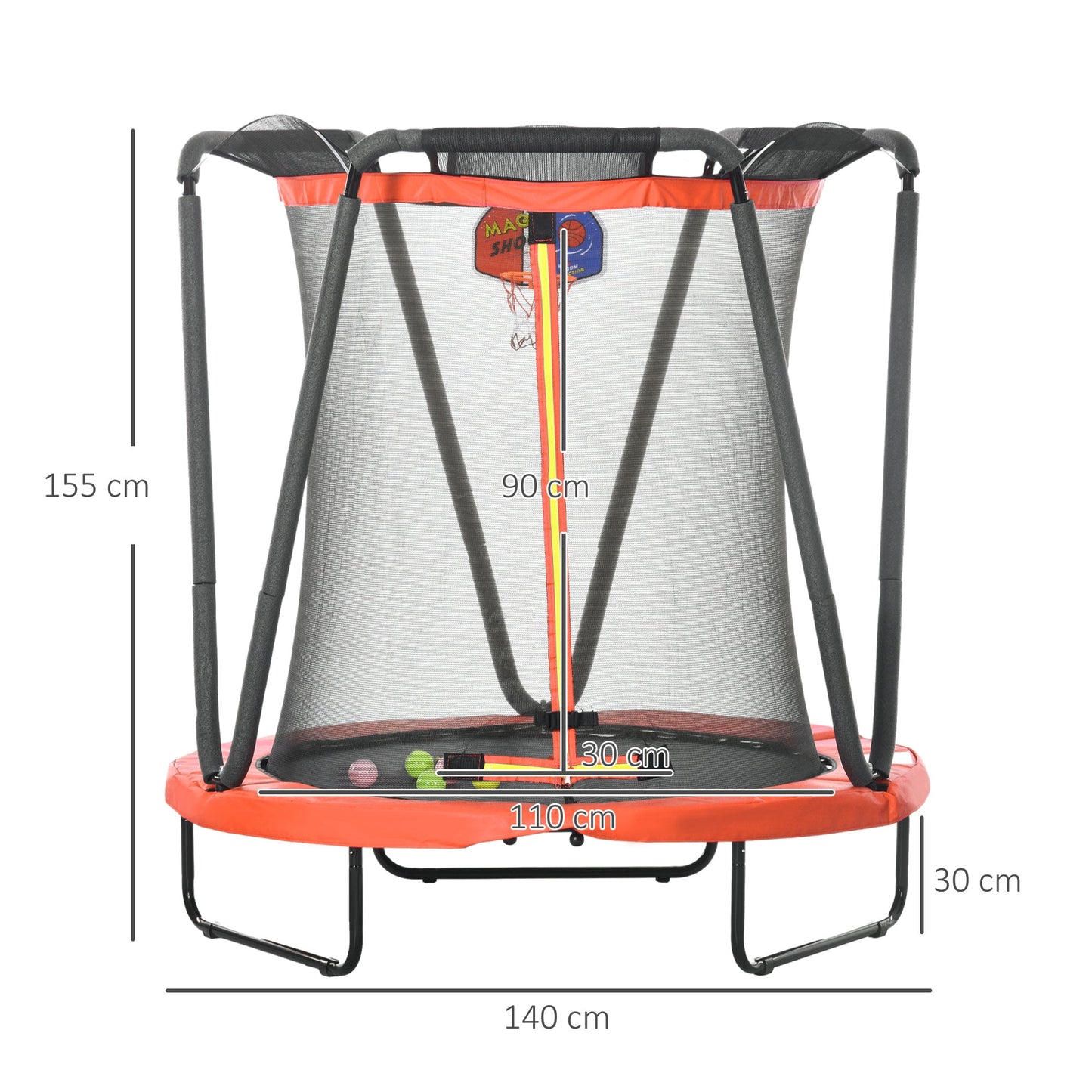 ZONEKIZ 4.6FT Kids Trampoline with Enclosure, Basketball, Sea Balls, Hoop, for Ages 3-10 Years -  Red