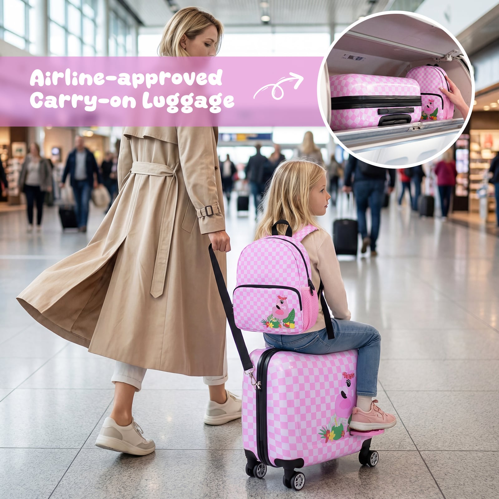 2 Pieces Kid Luggage Set with Spinner Wheels and Lanyard for Carry Strap-Pink &amp; White