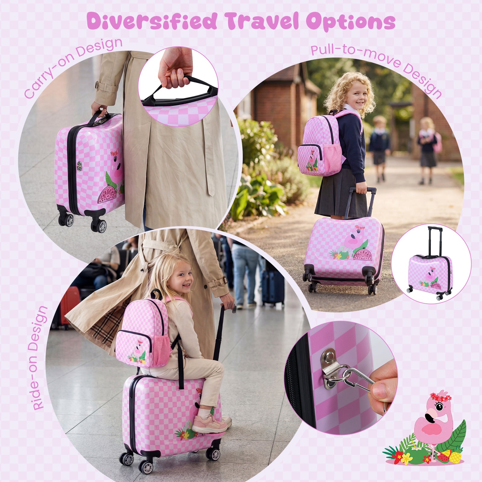 2 Pieces Kid Luggage Set with Spinner Wheels and Lanyard for Carry Strap-Pink &amp; White