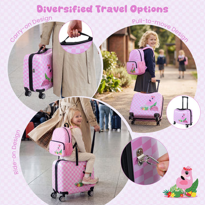 2 Pieces Kid Luggage Set with Spinner Wheels and Lanyard for Carry Strap-Pink &amp; White
