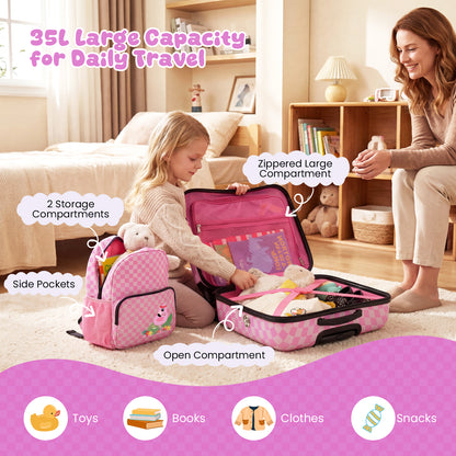 2 Pieces Kid Luggage Set with Spinner Wheels and Lanyard for Carry Strap-Pink &amp; White