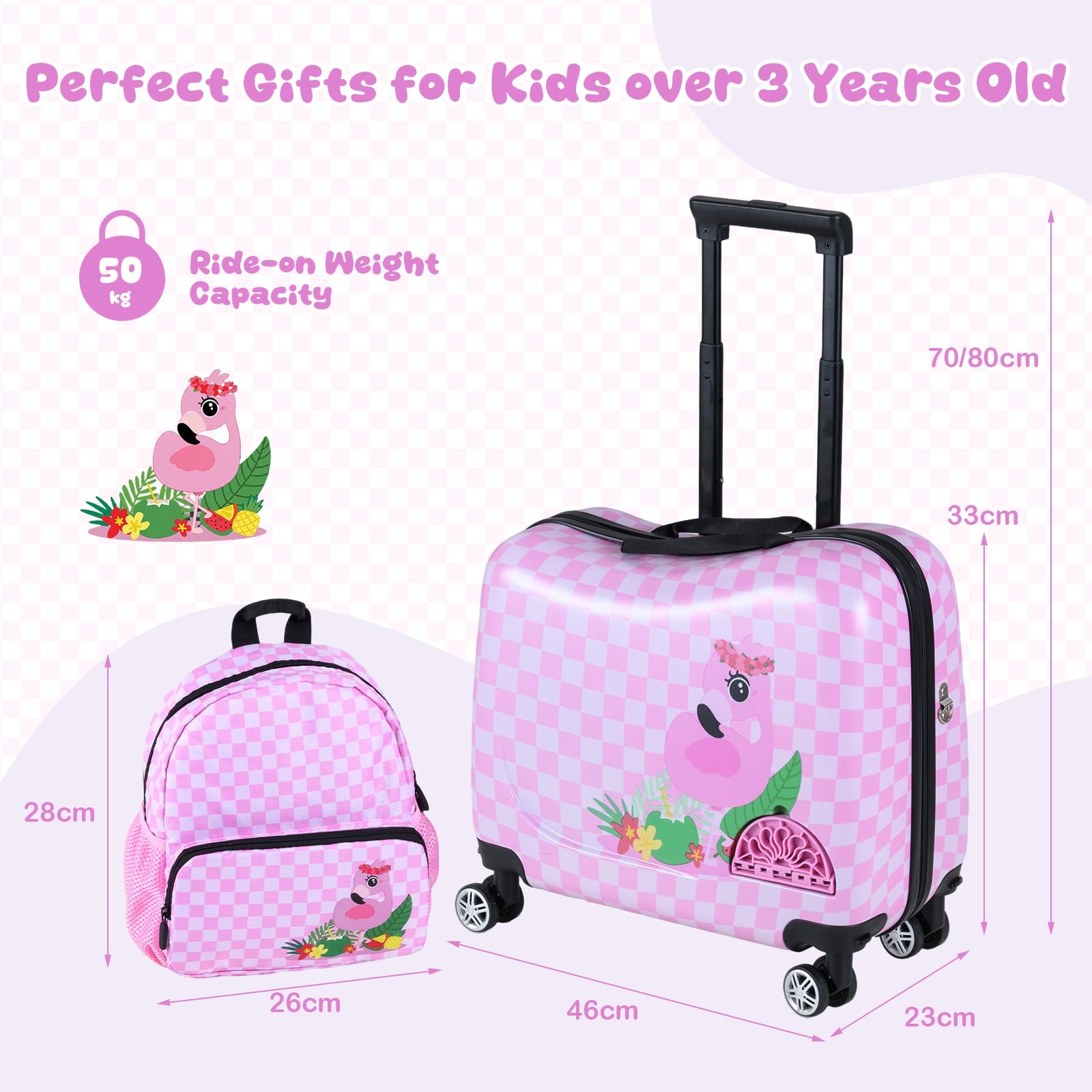 2 Pieces Kid Luggage Set with Spinner Wheels and Lanyard for Carry Strap-Pink &amp; White