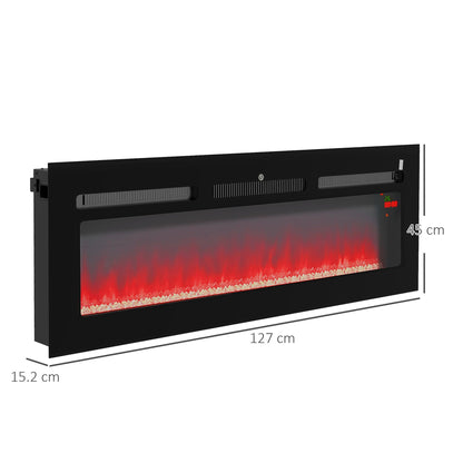 HOMCOM 127cm/50" Electric Fireplace, 2000W Recessed and Wall Mounted Electric Fire with Remote Control, 9 Flame Colour and Crystal, Black