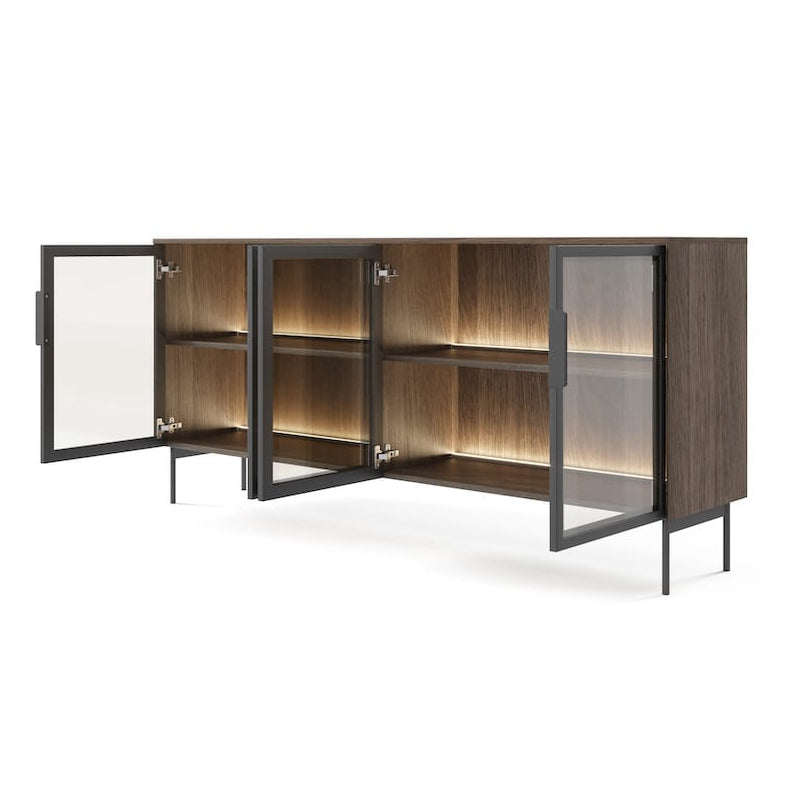 Modern wooden cabinet with glass doors on a white background