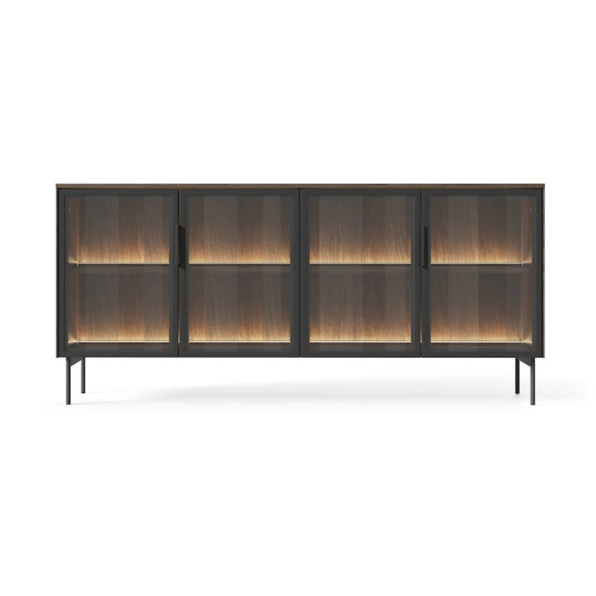 Modern wooden cabinet with glass panels on a white background