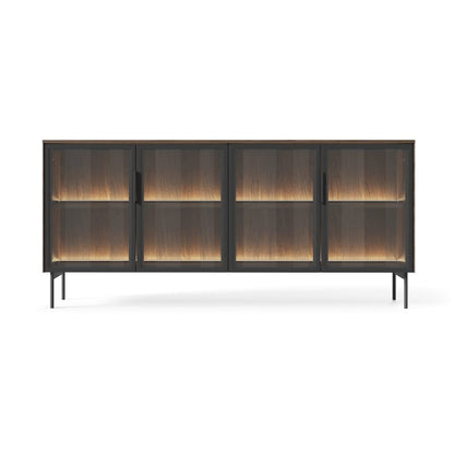 Modern wooden cabinet with glass panels on a white background