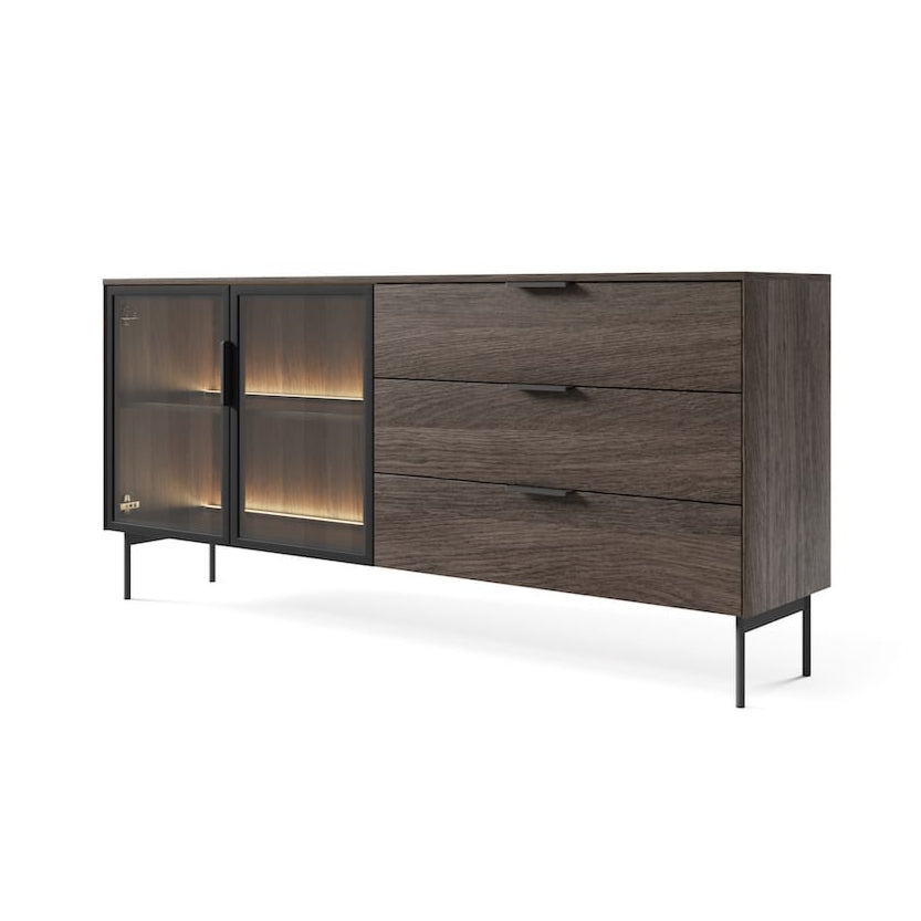 Wooden sideboard with glass doors on a white background