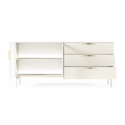 Modern white dresser with reflective surfaces on a white background