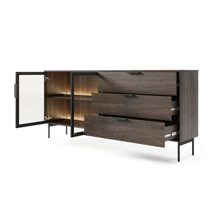 Wooden sideboard with open doors on a white background